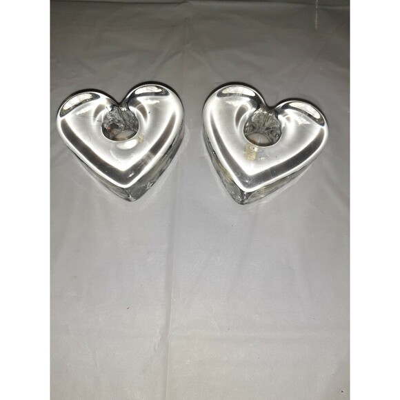 Pair Petite 2.5 inch Clear Glass Heart Candle Holder. Made In Taiwan - Picture 6 of 6